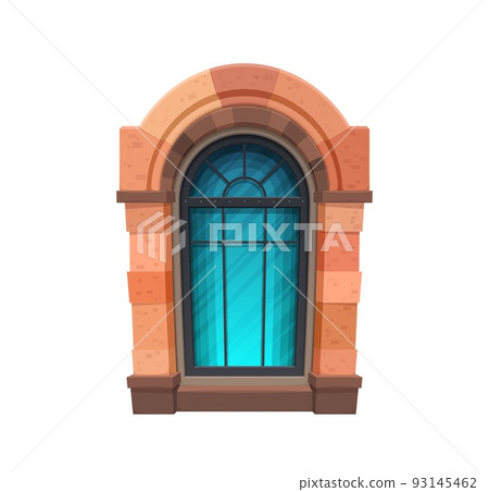 Cartoon arabic and medieval window of castle. Ancient temple or cathedral exterior window with red sandstone arch and forged metal frame. Medieval arabic castle isolated vector window Cartoon arabic and medieval window of castle. Ancient temple or cathedral exterior window with red sandstone arch and forged metal frame. Medieval arabic castle isolated vector window 93145462