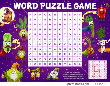 Cartoon vegetable wizards and sorcerers characters with magic wands on word search puzzle game worksheet. Children quiz grid, logical riddle, child vector educational puzzle game with words find task Cartoon vegetable wizards and sorcerers characters with magic wands on word search puzzle game worksheet. Children quiz grid, logical riddle, child vector educational puzzle game with words find task 93145482