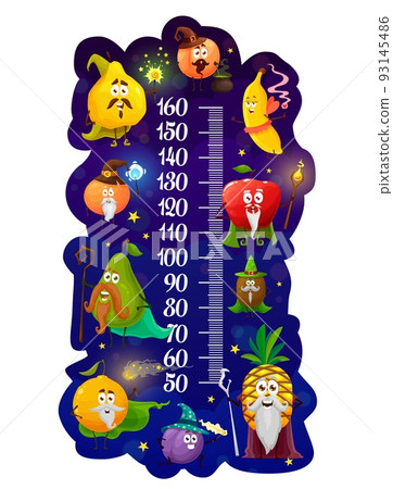 Kids height chart, cartoon fruit magicians and wizards, vector growth meter ruler. Height chart or baby measure scale, fruits characters banana, apple, orange and pineapple with magic wands in capes 93145486