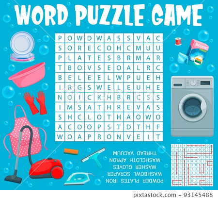Cleaning and washing word search puzzle game vector worksheet, vector kids quiz grid. Puzzle or riddle to find word of laundry powder, washing machine or vacuum cleaner and iron with apron Cleaning and washing word search puzzle game vector worksheet, vector kids quiz grid. Puzzle or riddle to find word of laundry powder, washing machine or vacuum cleaner and iron with apron 93145488