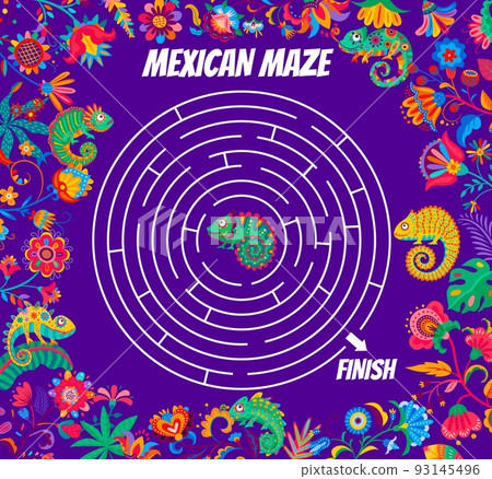 Round labyrinth maze with cartoon Mexican chameleons and flowers. Vector kids game or labyrinth puzzle worksheet with frame border of bright floral ornament. Help chameleone lizard find right way Round labyrinth maze with cartoon Mexican chameleons and flowers. Vector kids game or labyrinth puzzle worksheet with frame border of bright floral ornament. Help chameleone lizard find right way 93145496