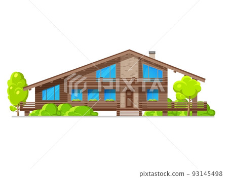 Custom built house with nicely trimmed and landscaped front yard, residential neighborhood cottage home, flat vector wooden villa with balcony or terrace, pitched roof and trees, stairs on porch Custom built house with nicely trimmed and landscaped front yard, residential neighborhood cottage home, flat vector wooden villa with balcony or terrace, pitched roof and trees, stairs on porch 93145498