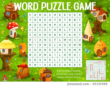 Cartoon forest fairy dwellings and elf houses, word search puzzle game, vector worksheet. Kids quiz grid to search word of dwarf or elves homes of carrot, tree stump or trunk, beehive and acorn 93145499