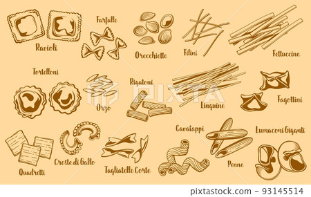 Pasta vector ravioli and farfalle, orecchiette or filini. Fettuccine, orzo, rigatoni, quadretti and creste di gallo. Tagliatelle and penne, linguine, fagottini, cavatappi and tortelloni Pasta vector ravioli and farfalle, orecchiette or filini. Fettuccine, orzo, rigatoni, quadretti and creste di gallo. Tagliatelle and penne, linguine, fagottini, cavatappi and tortelloni 93145514
