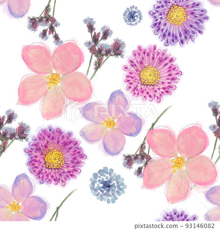 Seamless floral design with pink flowers for background, Watercolor illustration. 93146082