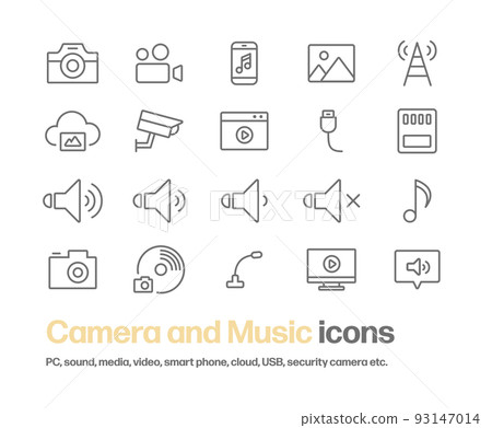 A set of simple line drawing icons such as photos, videos, audio, antennas, USB, digital cameras, PCs, etc. 93147014