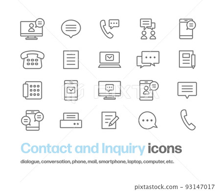 與聯繫方式和通信相關的圖標集，例如電話、電子郵件、聊天、信件、語音氣泡、接收器 93147017