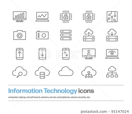 Simple line drawing icon for IT image. Computer, camera, infrastructure, security, cloud, etc. icons 93147024
