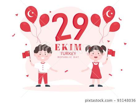 Republic Day Turkey or 29 Ekim Cumhuriyet Bayrami Kutlu Olsun Hand Drawn Cartoon Flat Illustration with Flag of Turkish and Happy Holiday Design 93148036