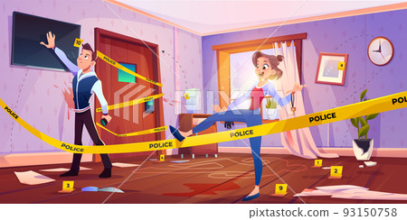 Man and girl in quest escape room with crime scene Man and girl in quest escape room with crime scene 93150758