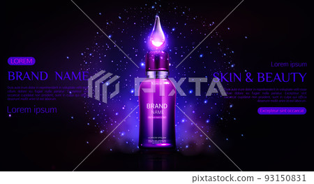 Cosmetics bottle banner with glowing falling drop Cosmetics bottle banner with glowing falling drop 93150831