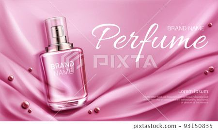 Perfume bottle on folded silk fabric background. Perfume bottle on folded silk fabric background. 93150835