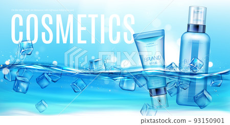 Cosmetics bottles floating in water with ice cubes Cosmetics bottles floating in water with ice cubes 93150901
