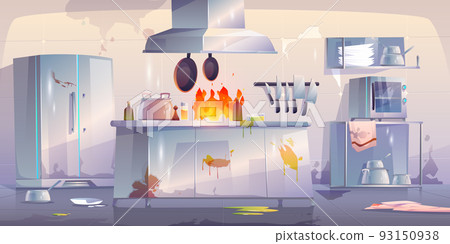 Damaged kitchen in restaurant, interior with fire Damaged kitchen in restaurant, interior with fire 93150938
