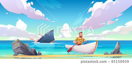 Man escaping from sinking ship after shipwreck 93150939
