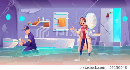 Plumber fixing water leakage in flooded bathroom 93150948