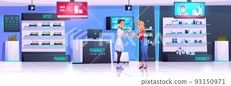 Pharmacist serves client in pharmacy with optics 93150971