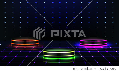 Neon podium. Empty stage in nightclub, dance floor Neon podium. Empty stage in nightclub, dance floor 93151069