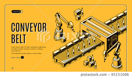 Factory conveyor belt landing page. Robotic arms. 93151086