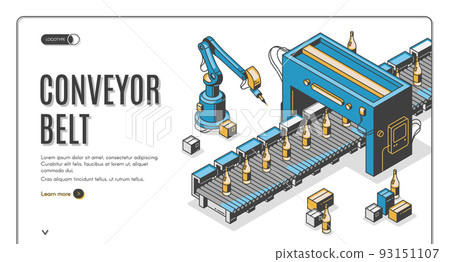 Conveyor belt web banner, robot hands pack bottles 93151107