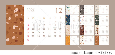 Calendar 2023 with venetian terrazzo texture. Week starting on sunday. Flat minimal desk or wall picture design. Vector template. Ready to print 93151539