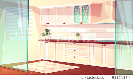 Vector cartoon empty kitchen in pink colors Vector cartoon empty kitchen in pink colors 93151574