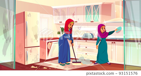 Vector Arabian ladies wash kitchen. Servants cleaning Vector Arabian ladies wash kitchen. Servants cleaning 93151576