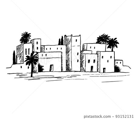 Landscape with old city of Saudi or Jordan. Pencil sketch of traditional Islamic architecture on white background. Landscape with old city of Saudi or Jordan. Pencil sketch of traditional Islamic architecture on white background. 93152131