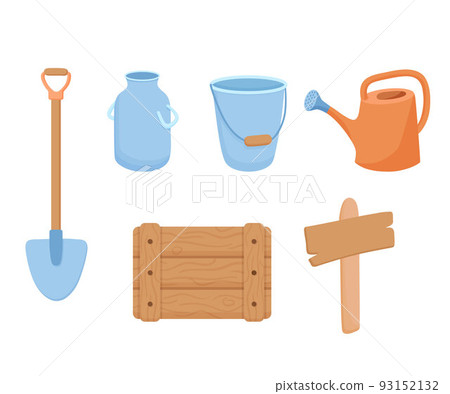 Vector garden tools set isolated on white background. Gardening elements in flat cartoon style - shovel, watering can and wooden box Vector garden tools set isolated on white background. Gardening elements in flat cartoon style - shovel, watering can and wooden box 93152132