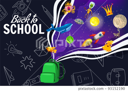 Back to school poster backpack, space imagination, creative concept. Template for invitation, poster, banner 93152190