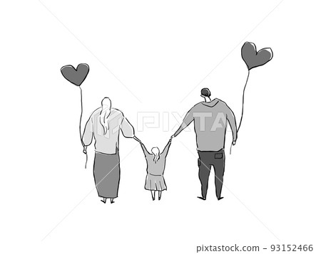 A small child (girl) holding hands with a parent holding a heart balloon, sideways 93152466