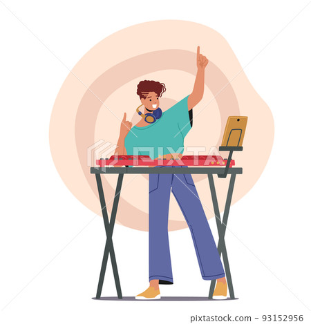 Young Cheerful Girl Dj Remixing Music on Midi Controller at Night Disco Club Party. Playing Music, Multimedia, Lifestyle 93152956