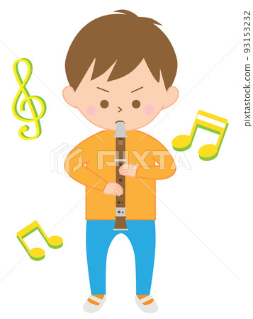 Boy blowing a recorder 93153232