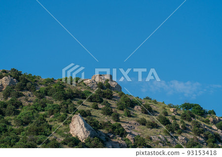 Mountains balaklava fortress bay cembalo crimea flying balaclava nature rock, for shore summer for travel and harbor beautiful, coast seascape. Background embankment panoramic, 93153418