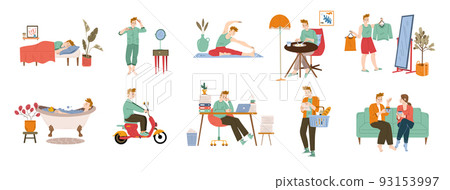 Man daily routine, life cycle, schedule habits set Man daily routine, life cycle, schedule habits set 93153997