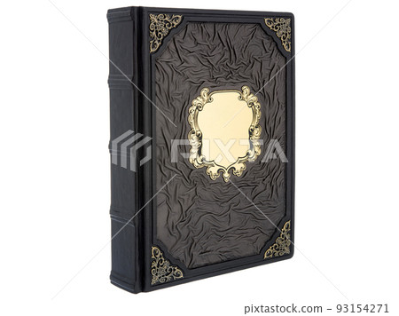 Leather mockup book with cover color isolated on white background, front view. Diary for writing and printing With empty lable and metal fittings. 93154271