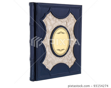 Leather mockup book with cover color isolated on white background, front view. Diary for writing and printing With empty lable and metal fittings. 93154274