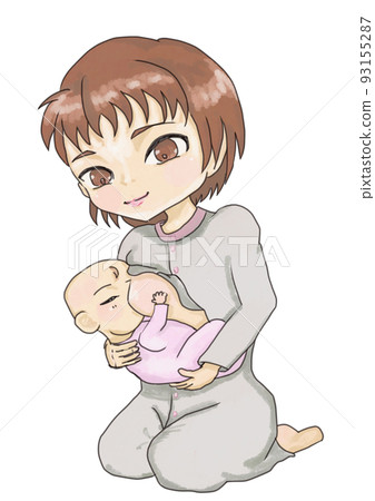 Mother giving breast and baby in pink clothes 93155287