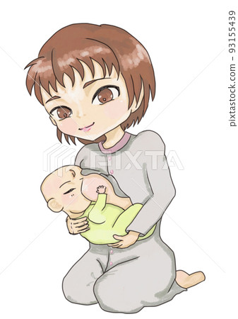 Mother giving breast and baby in yellow clothes 93155439