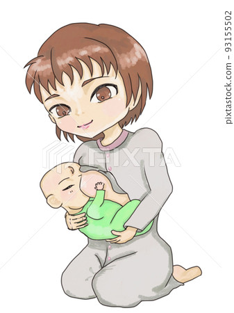 Mother giving breast and baby in green clothes 93155502