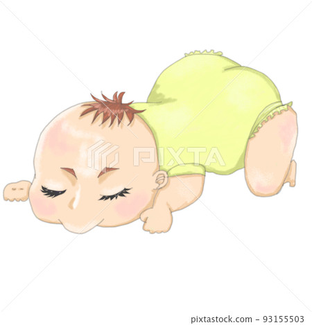 Baby in yellow clothes sleeping face down Baby in yellow clothes sleeping face down 93155503
