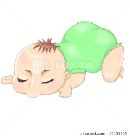 Baby boy wearing green clothes sleeping on his stomach 93155505