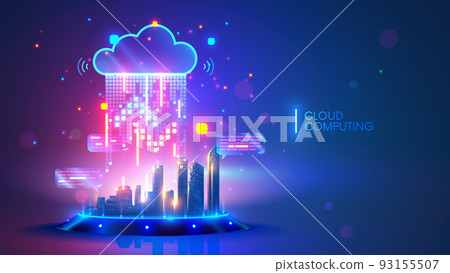 Cloud computing concept. Smart city wireless internet communication with cloud storage, cloud services. Download, upload data on server. Digital cloud over virtual Smart City on podium. Technology IOT 93155507