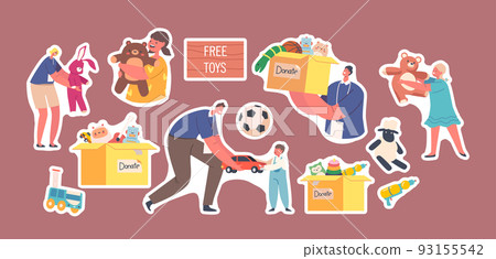 Set of Stickers Volunteers Giving Toys to Orphan Kids from Donation Box with Goods for Children. Altruistic Help to Kids 93155542