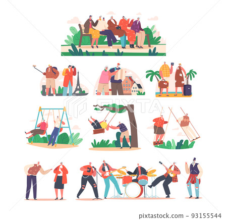 Set Old Male and Female Characters Having Fun. Senior People Playing in Rock Band, Swinging, Chatting on Bench in Park 93155544