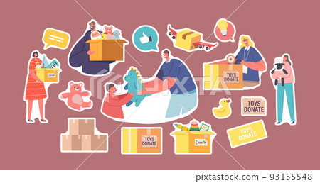 Set of Stickers Altruistic Help to Poor Kids, Volunteers Giving Toys to Kids from Donation Box with Goods for Children 93155548