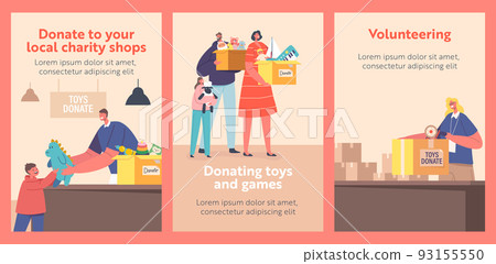 Volunteering, Donation Cartoon Banners. Family Bringing Toys to Charity for Supporting Orphan Kids. Altruistic Donation Volunteering, Donation Cartoon Banners. Family Bringing Toys to Charity for Supporting Orphan Kids. Altruistic Donation 93155550