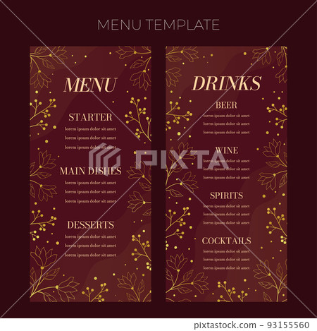 Floral wedding Menu template in elegant golden style, invitation card design with gold flowers with leaves, dots and berries. Vector decorative frame on rich red background. 93155560