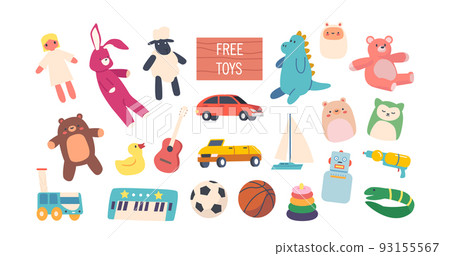Set of Free Toys, Donation Playthings Doll, Sheep, Rabbit and Dinosaur, Teddy Bear, Rubber Duck, Car and Piano or Balls 93155567