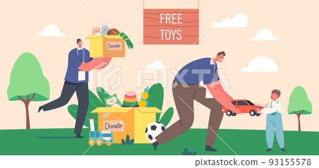 Charity Concept, Man Giving Car to Boy, Volunteer Character Carry Donation Box with Toys to Orphan Kids, Social Help 93155578